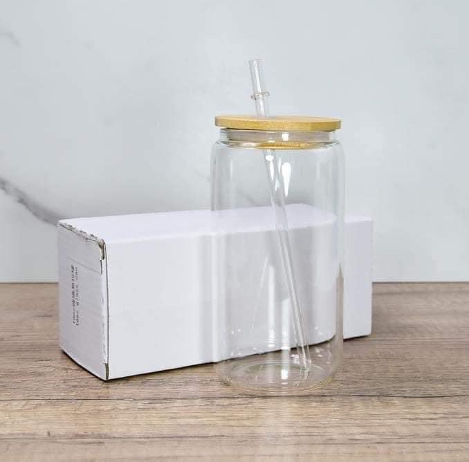 16 oz Clear Sublimatable Glass Beer Can with Bamboo Lid & Straw