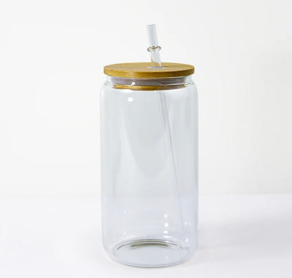 16 oz Clear Sublimatable Glass Beer Can with Bamboo Lid & Straw